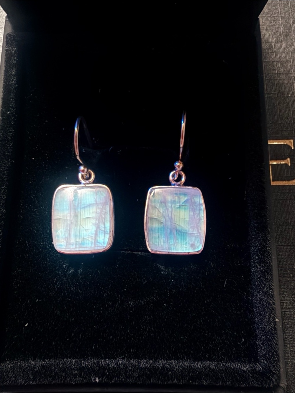 High Flash Rainbow Moonstone Sterling Silver Cushion Drop Earrings